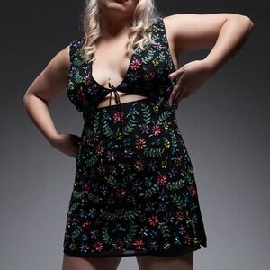 Uniquely Handcrafted Black “Billie” Beaded Floral Cut-Out Mini Dress